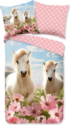 Produktbild von Duvet cover Good Morning 135x200 + 1* 80x80 cm - white horses with flowers