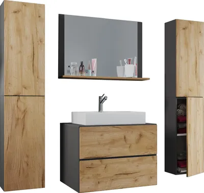 Immagine prodotto di Lavabo 5 parti | Armadio da bagno larghezza 60 cm | Set mobili bagno con cassetti porta girevole specchio | Lendas XL cassetto