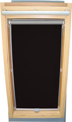 A black roller blind installed in a wooden skylight frame.