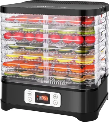 Productafbeelding van Droogautomaat voor levensmiddelen, 8 vakken, droogapparaat voor groenten, fruit, vlees, instelbare temperatuur 35-70 °C, 400 W, zwart, roestvrij staal
