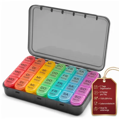 Produktbild von BigDean Tablettenbox 7 Tage 4 Fächer pro Tag | Tragbar Medikamentenbox Pillendose für Medikamente, Vitamine, Fischöl, Nahrungsergänzungsmittel