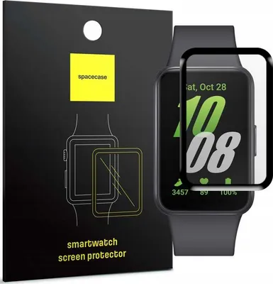 A product packaging for a smartwatch screen protector, with a smartwatch displayed on the right side.