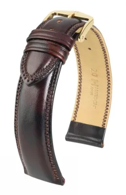 Produktbild von HIRSCH Ascot- unstrukturiertes Leder in verschiedenen Farben (Länge: L (120mm / 80mm) / Anstoßbreite: 18 (zu 16) / Schließe: Edelstahl (Gold beschichtet) / Sonderanfertigung*: nein / Farbe / Naht: Goldbraun matt / Goldbraun / Polsterung (Ansatz / Schließe) in mm: 4,0 mm / 3,5 mm)