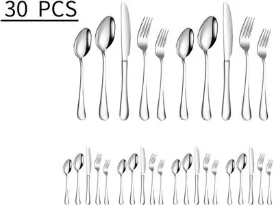 Image de Couverts en argent pour 6 personnes, 30 pièces, finition brillante, acier inoxydable, style classique et sobre.