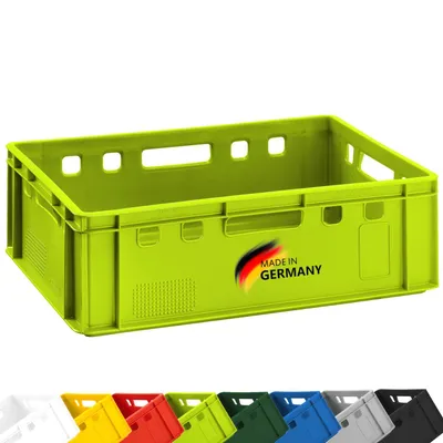 A lime green plastic crate is shown against a white background. Below the crate, a row of different colored crates is visible.