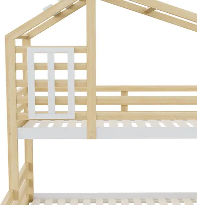 Obrázek produktu pro okwish Patrová postel 90/140x200cm s oknem, Schodová stoupací plošina s úložným prostorem, Patrová postel s ochranným zábradlím, Dřevěná postel Dětská postel Rám, Přírodní