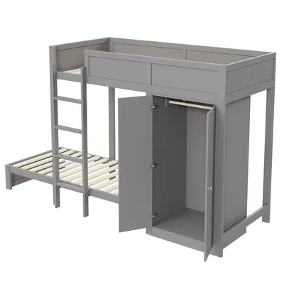 Produktbild von Etagenbett,Kinderbett(Grau)Hochbett,mit vertikaler Sicherheitstreppe,Kleiderschrank,hohes Zaundesign,Lattenrost