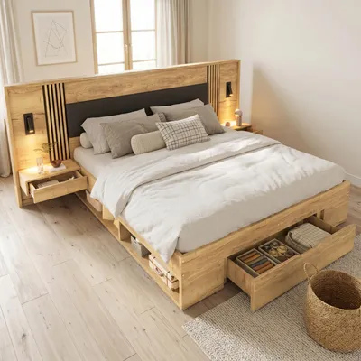 Produktbild von Stauraumbett 160x200 cm Doppelbett Holz-Optik Natur Bettgestell mit Lattenrost, 2 Nachttischen & Schubladen, Bett mit Leselampen & Kopfteil, Stabil bis 200kg