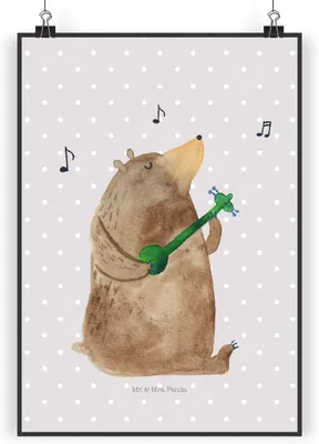 Produktbild von Mr. & Mrs. Panda Bild Bär Gitarre DIN A5 - Grau Pastell - Geschenk, Plakat, drucke, Kunstdruck, wanddeko, Teddy, Wandbild