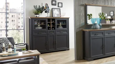 Produktbild von Highboard Jasmin Vitrine in graphit und Artisan Eiche 143x150 cm