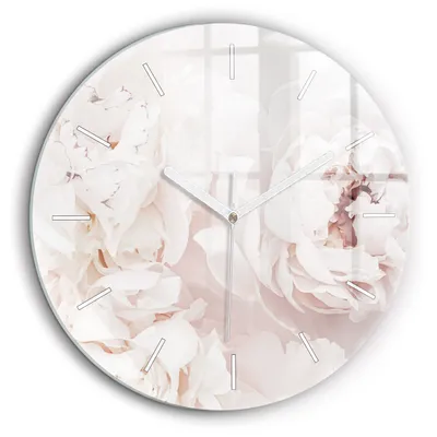 Produktbild von Wallfluent Große Wanduhr – Stilles Quarzuhrwerk - Uhr Dekoration Wohnzimmer Schlafzimmer Küche - Zifferblatt mit Striche - weiße Zeiger - 60 cm - Pfingstrosenblüten