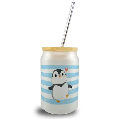 Produktbild von Pinguin Trinkglas mit Bambusdeckel im Aquarell-Stil