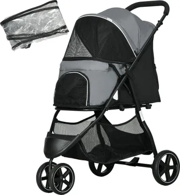 Immagine prodotto di Passeggino per animali domestici - Carrello per cani e gatti di piccola taglia - Pieghevole - Con finestra in rete - Grigio