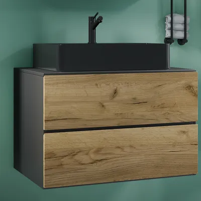Produktbild von VCM 2-tlg. Waschplatz Waschtisch | schwarzes Waschbecken Unterschrank Breite 80 cm |  Badmöbel Set mit Schubladen | Lendas S BL