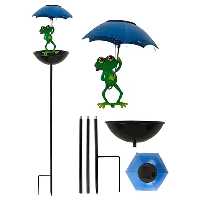 Produktbild von Solar Frosch Vogeltränke mit LED und Schirm, Gartenfigur mit Solarlicht, wetterfest IP65, dekorative Vogeltränke für Garten, Terrasse, Rasen und Teich