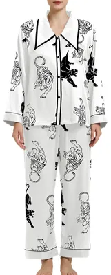 Imagen del producto de Pijama de satén para mujer, marca Muwodkdn, con botones delanteros, manga larga y confeccionado en satén suave