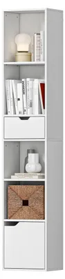 Produktbild von Bücherregal mit 6 Ebenen, schmalem Standregal und Schublade, verstellbarer Ablage, Schranktür, Dekoregal für Wohnzimmer, Homeoffice, Schlafzimmer, 30 x 24 x 158 cm, Weiß