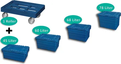 Produktbild von Set 4 Stück Distributionsbehälter + 1 Stück Transportroller mit vier Lenkrollen in blau
