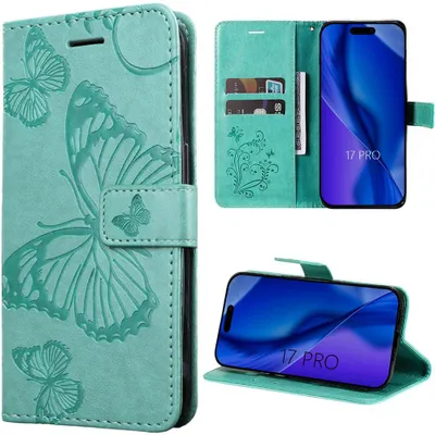 Image de Coque pour iPhone 17 Pro, Protection Rabat Antichoc Anti-Rayures Effet Cuir Vert avec Motif Papillon
