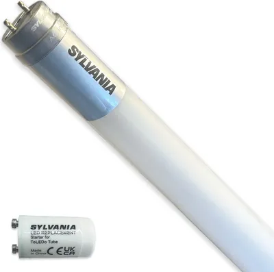 A Sylvania LED T8 tube light and its starter are shown against a white background.