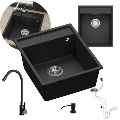 Produktbild von GRANMASTER Magma Granitspülbecken Komplett-Set Flexiblen Wasserhahn, Siphon, Seifenspender – 1-komoriger Spülbecken kratzfest hitzebeständig modernes