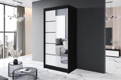 Produktbild von Easy4You P3 100 cm Schwarz/Weiß Schiebetüren Kleiderschrank 100x200x58 cm mit Spiegel - Schlafzimmermöbel, Aufbewahrung - Mehrzweckschrank