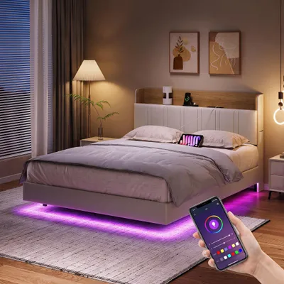 Immagine prodotto di Letto imbottito INONEFT, 140x200 cm, con illuminazione LED, design sospeso, dotato di stazione di ricarica USB, struttura in metallo con rete a doghe e testiera con spazio contenitivo, rivestito in PU, colore beige