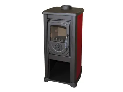 A freestanding wood-burning stove with a red body and gray front panel, shown against a white background.