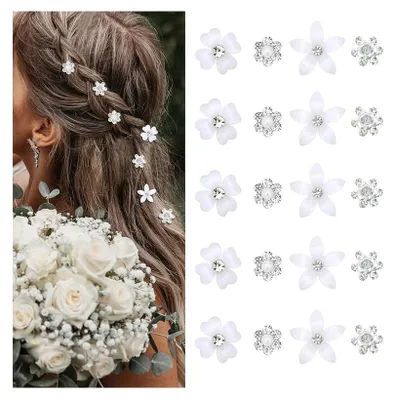 Produktbild von Haarspangen Haarnadeln Haarklammern - Blumenmuster - Strass - Set mit 20 Stück - Weiß