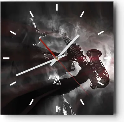 Produktbild von Wanduhr - Quadrat - Glasuhr - Musiker Saxophonist Schwarz - 40x40cm - Schleichendes Uhrwerk - Lautlos - zum Aufhängen bereit - Dekoration Modern - Wanddekoration aus Glas - C3AC40x40-4276