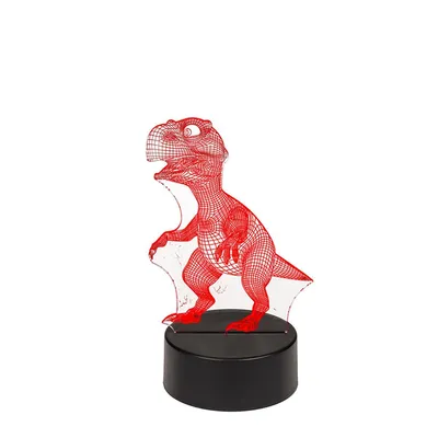 A 3D red wireframe dinosaur lamp on a black base against a white background.