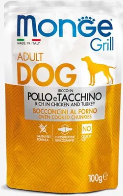 Productafbeelding van Monge Dog Grill, volwaardig hondenvoer voor volwassen honden, met stukjes kip en kalkoen, 100g