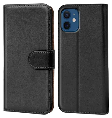 A black flip case for an iPhone 12 Mini is shown from the front and back.