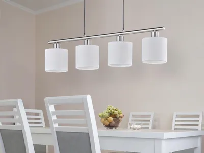 Produktbild von LED Pendelleuchte 4 flammig mit Stoff Lampenschirmen in Weiß für Esszimmertisch