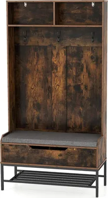 A freestanding hall tree with a bench, shoe rack, and hooks.
