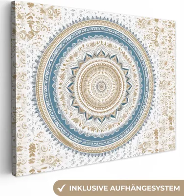 Produktbild von MuchoWow® - Leinwandbilder - Mandala - Blau - Bohème - Weiß - Design, Wandbild, Wanddeko Bilder Wohnzimmer, 80x60 cm