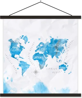 Produktbild von MuchoWow® Textilposter Aquarell - Weltkarte - Blau 90x90 cm mit schwarzem Rahmen - Magnetisches
