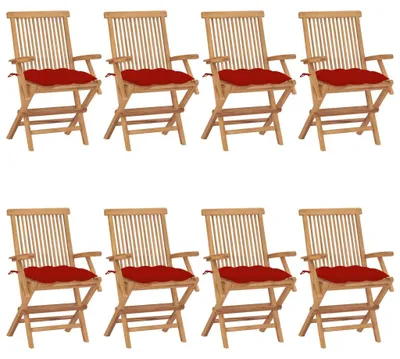 Produktbild von vidaXL Gartenstühle mit Roten Kissen 8 Stk. Massivholz Teak