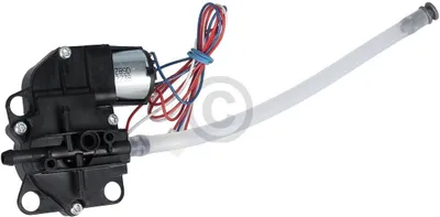 A close-up, isolated view of a small electric pump with a tube attached and wires connected to a motor.