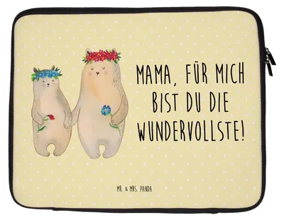Produktbild von Mr. & Mrs. Panda Laptophülle Bären mit Blumenkranz 33 x 42 cm - Gelb Pastell - Geschenk, Laptoptasche, Mama, Bär, Hülle Laptop, Notebooktasche, Tasche, Mutter, Muttertag