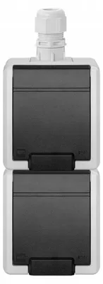 Produktbild von AQUANT 2K Doppel-Aufputzsteckdose mit Erdung 2x2P+Z vertikal IP65 grau 5052-65