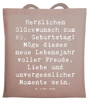 Produktbild von Mr. & Mrs. Panda dokumententasche Spruch 69. Geburtstag Glückwunsch - Braun Pastell - Geschenk, Tote Bag, Baumwolltasche, Freude, Schultasche, Freunde, Tasche, Jubilar