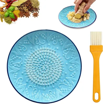 Productafbeelding van Keramische knoflookrasp met borstel, set van 2 keramische raspjes, diameter 13 cm, geschikt voor gember, Parmezaanse kaas en andere voedingsmiddelen, handgemaakt en met de hand beschilderd, meerkleurig