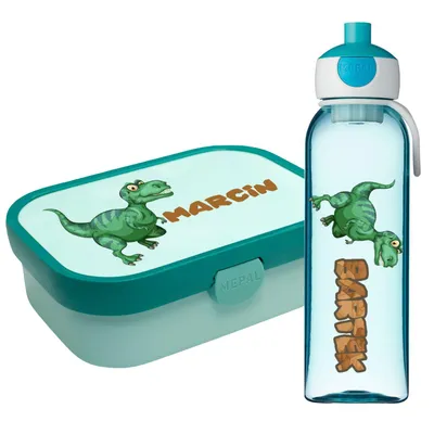 Produktbild von Lunchbox Set für Kinder Jungen zur Schule Personalisiert mit Namen Brotdose Wasserflasche Trinkflasche BPA frei Essen für Unterwegs mit Gabel und Bento Fach To Go T-Rex [153]