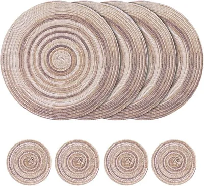 Produktbild von PolkaHome® Gewebte runde Platzsets Set, 4er Set 38 cm Baumwoll-Tischsets und 4er Set 11 cm Untersetzer, hitzebeständige waschbare