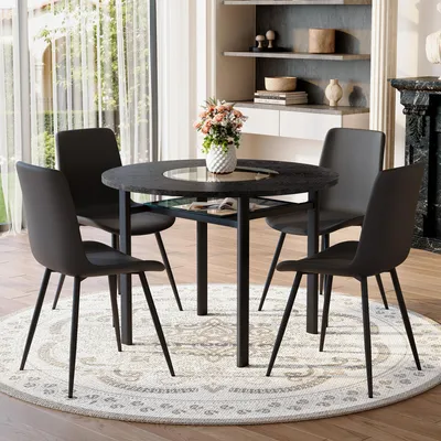 Produktbild von STILVORA Esstisch-Set rund mit 4 Sesseln aus PolyurethanMaterial und Komfortsitzkissen, Rundtisch 100 cm in schwarzer Holzoptik, Essgruppe für Wohnzimmer, Schwarz