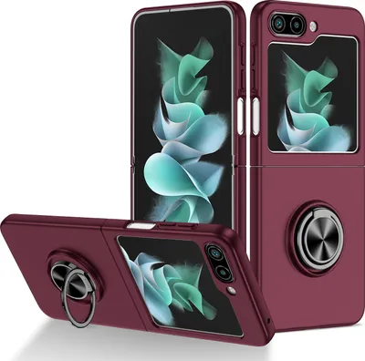 Produktbild von Galaxy Z Flip5 Hülle, Dünn Hart PC Schutzhülle mit Ringhalter Ständer für Samsung Galaxy Z Flip 5 Dunkelrot