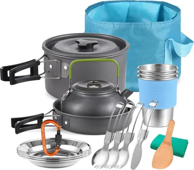Produktbild von Camping Kochgeschirr & Geschirrset - Topf & Pfanne - 21-teilig - Für Camping, Wandern, Backpacking - Schwarz