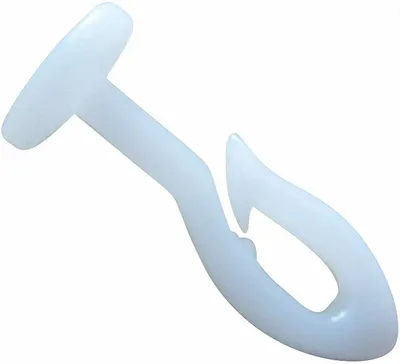 A single white plastic curtain glider hook is shown against a white background.