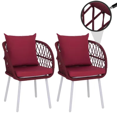 Image de Lot de 2 chaises de jardin HWC-Q38, fauteuils de jardin avec accoudoirs, structure en aluminium tressé Rope ~ Structure gris clair, rembourrage bordeaux